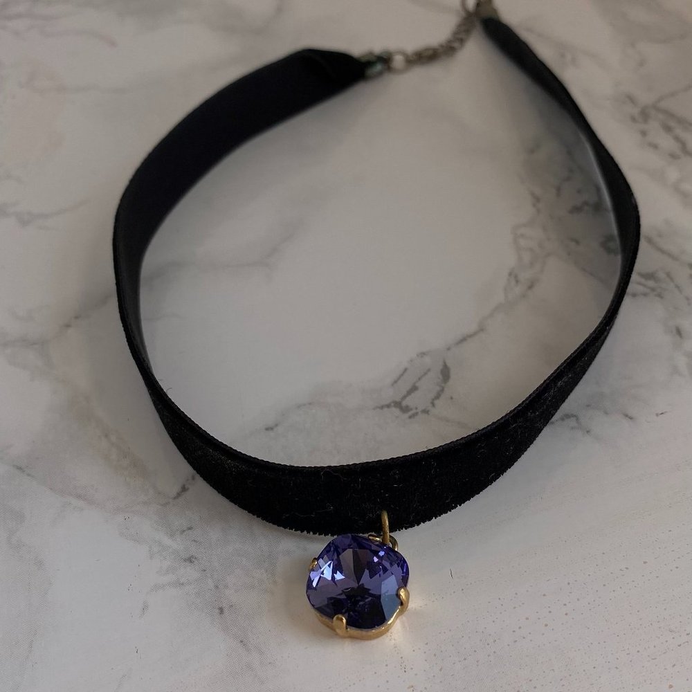 Y2K Style Black Velvet Choker with Purple Stone